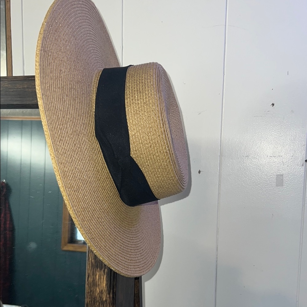 Wide Brim Straw Hat with Black Band